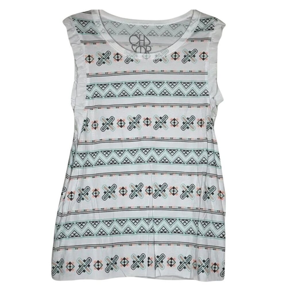 NEW Chaser Mint Green & Peach Tribal Print Ruffle Sleeveless Muscle Tank Top S